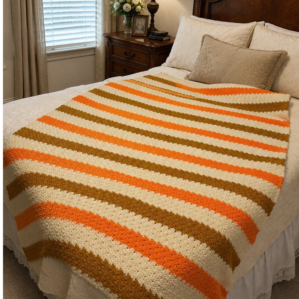 Crochet Afghan Throw Blanket 48x76 Handmade Vintage Orange Brown Cream 70s